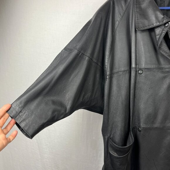Vintage Leather Double Breast Longline‎ Coat Unisex XL Slouchy Distressed Baggy - Picture 5 of 16